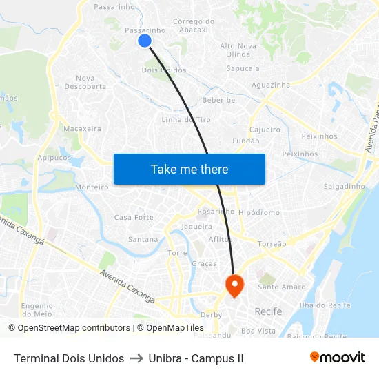 Terminal Dois Unidos to Unibra - Campus II map