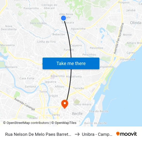 Rua Nelson De Melo Paes Barreto, 234 to Unibra - Campus II map