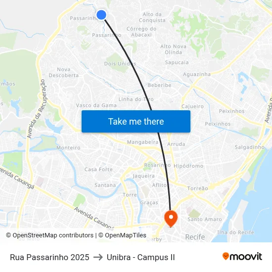 Rua Passarinho 2025 to Unibra - Campus II map