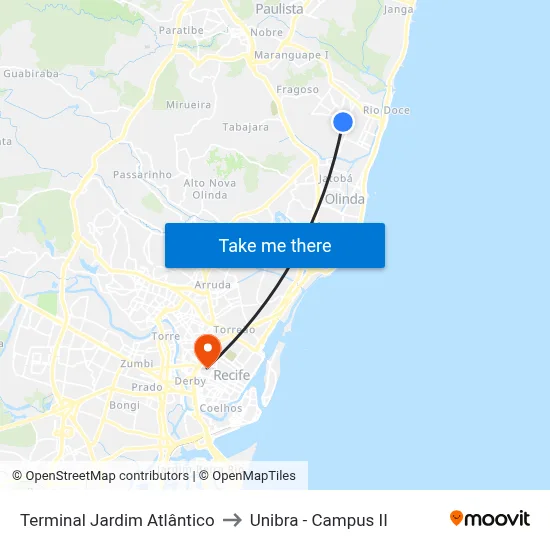 Terminal Jardim Atlântico to Unibra - Campus II map