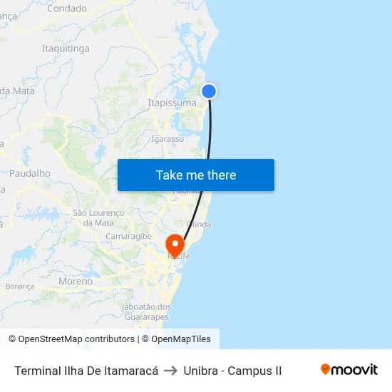 Terminal Ilha De Itamaracá to Unibra - Campus II map