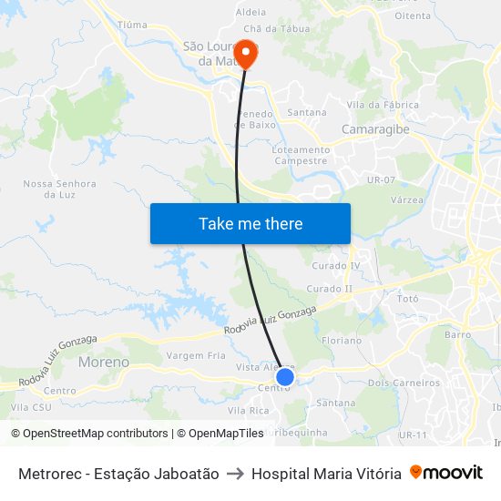 Metrorec - Estação Jaboatão to Hospital Maria Vitória map