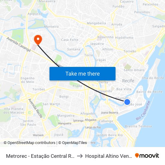 Metrorec - Estação Central Recife to Hospital Altino Ventura map