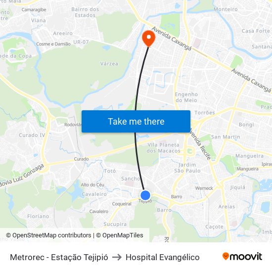 Metrorec - Estação Tejipió to Hospital Evangélico map