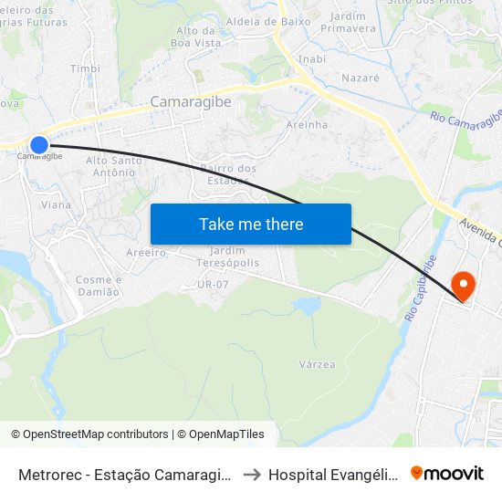 Metrorec - Estação Camaragibe to Hospital Evangélico map