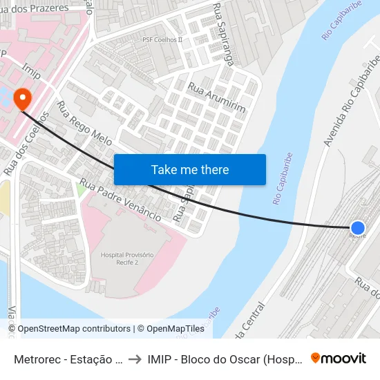 Metrorec - Estação Central Recife to IMIP - Bloco do Oscar (Hospital Oscar Coutinho) map
