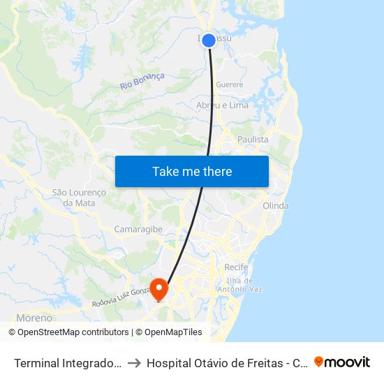 Terminal Integrado Igarassu to Hospital Otávio de Freitas - Clínica Médica map