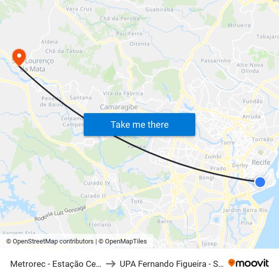 Metrorec - Estação Central Recife to UPA Fernando Figueira - São Lourenço map