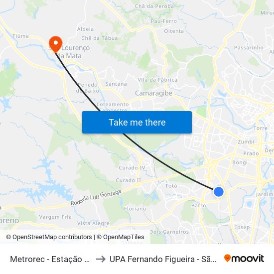 Metrorec - Estação Werneck to UPA Fernando Figueira - São Lourenço map