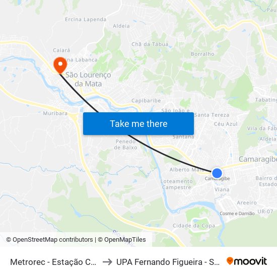 Metrorec - Estação Camaragibe to UPA Fernando Figueira - São Lourenço map