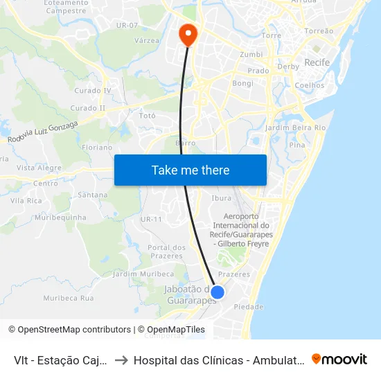 Vlt - Estação Cajueiro Seco to Hospital das Clínicas - Ambulatório de Parkinson map