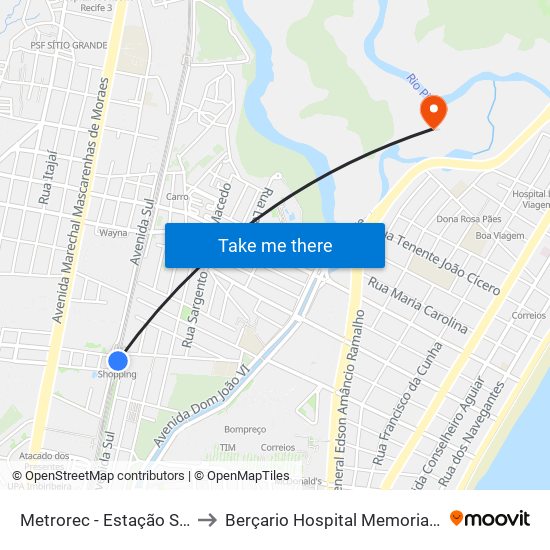 Metrorec - Estação Shopping to Berçario Hospital Memorial São José map