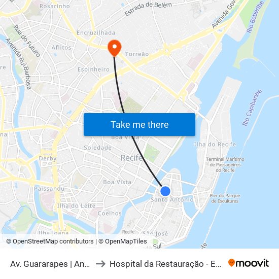 Av. Guararapes | Antigo Banco Do Brasil to Hospital da Restauração - Emergencia Clinica. - Verde 1 map