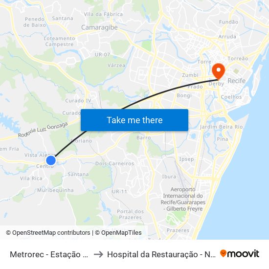 Metrorec - Estação Jaboatão to Hospital da Restauração - Neurocirurgia map