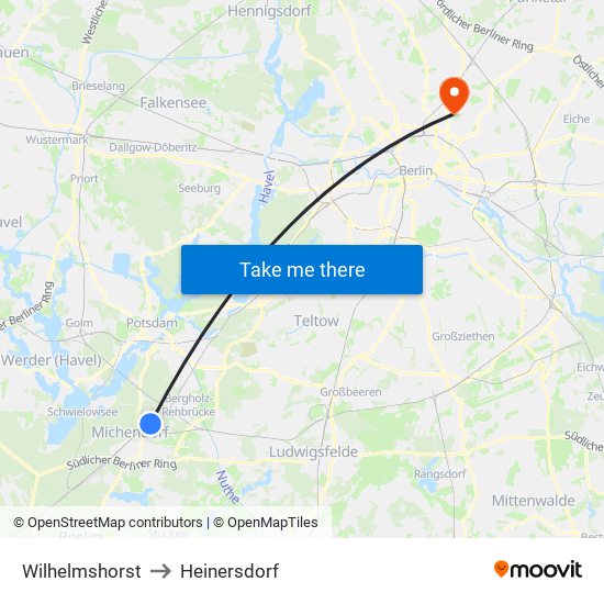 Wilhelmshorst to Heinersdorf map