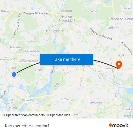 Kartzow to Hellersdorf map