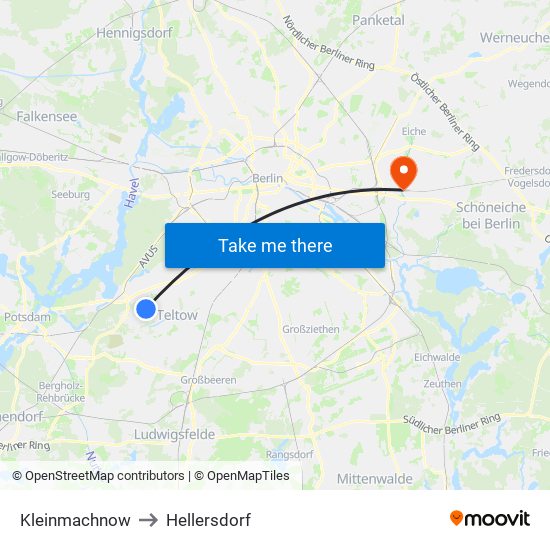 Kleinmachnow to Hellersdorf map