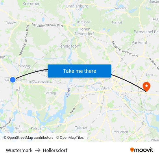 Wustermark to Hellersdorf map