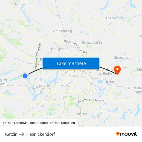 Ketzin to Hennickendorf map