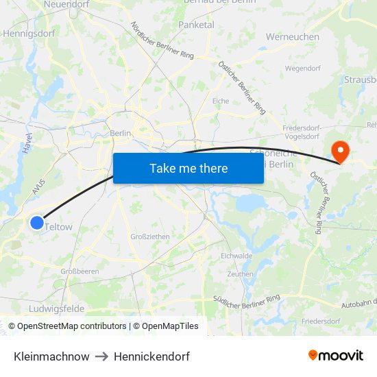 Kleinmachnow to Hennickendorf map