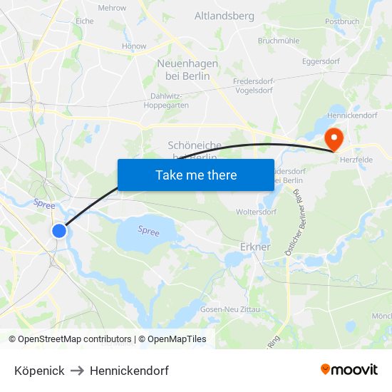 Köpenick to Hennickendorf map