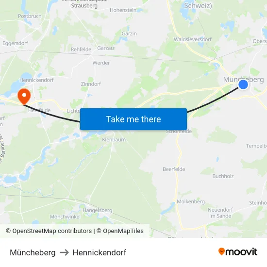 Müncheberg to Hennickendorf map