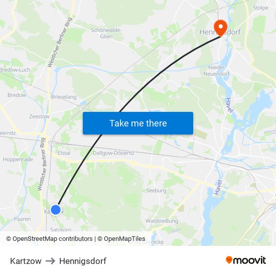 Kartzow to Hennigsdorf map