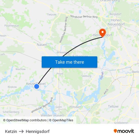 Ketzin to Hennigsdorf map