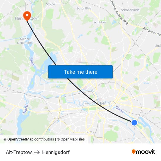 Alt-Treptow to Hennigsdorf map