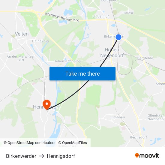 Birkenwerder to Hennigsdorf map