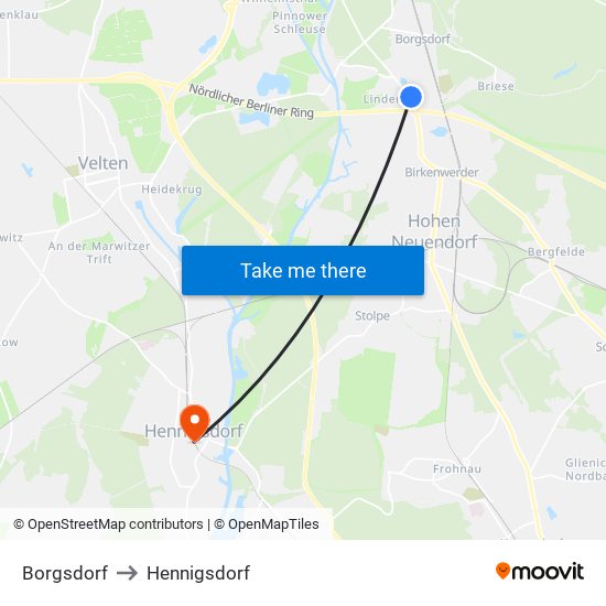 Borgsdorf to Hennigsdorf map