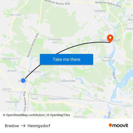 Bredow to Hennigsdorf map