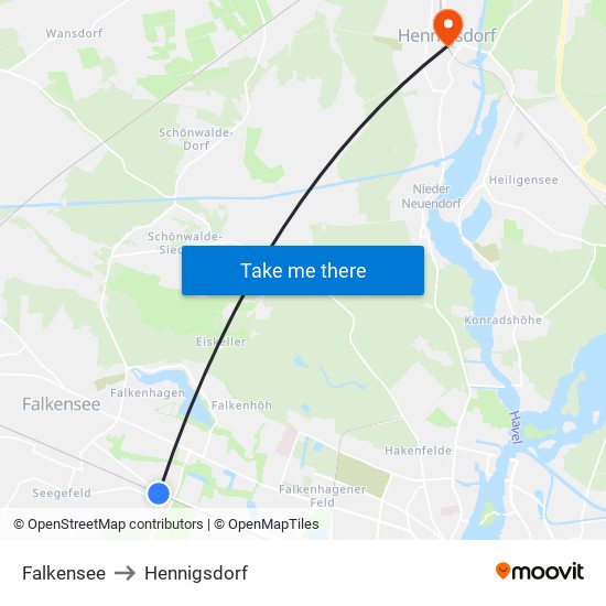 Falkensee to Hennigsdorf map