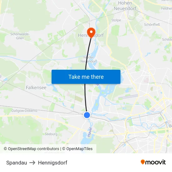 Spandau to Hennigsdorf map