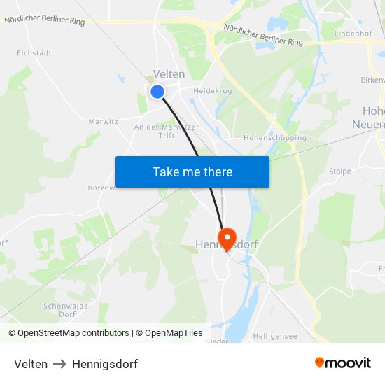 Velten to Hennigsdorf map