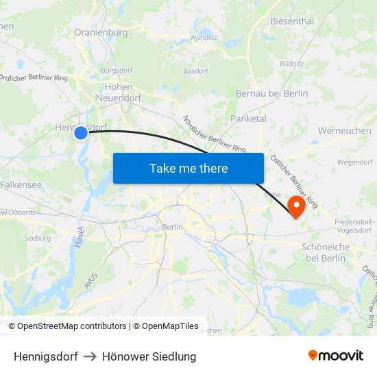 Hennigsdorf to Hönower Siedlung map