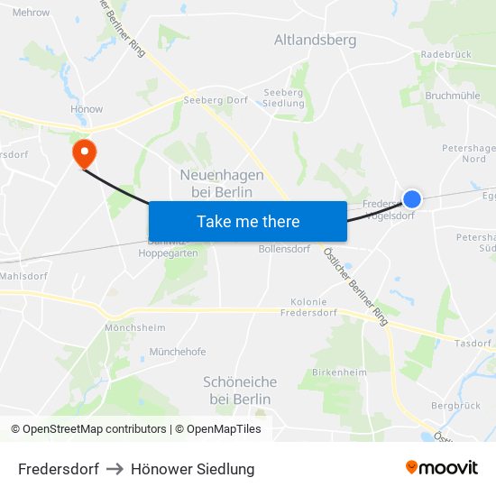Fredersdorf to Hönower Siedlung map