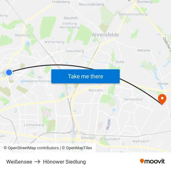 Weißensee to Hönower Siedlung map