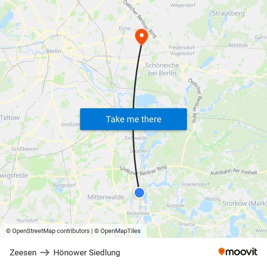 Zeesen to Hönower Siedlung map