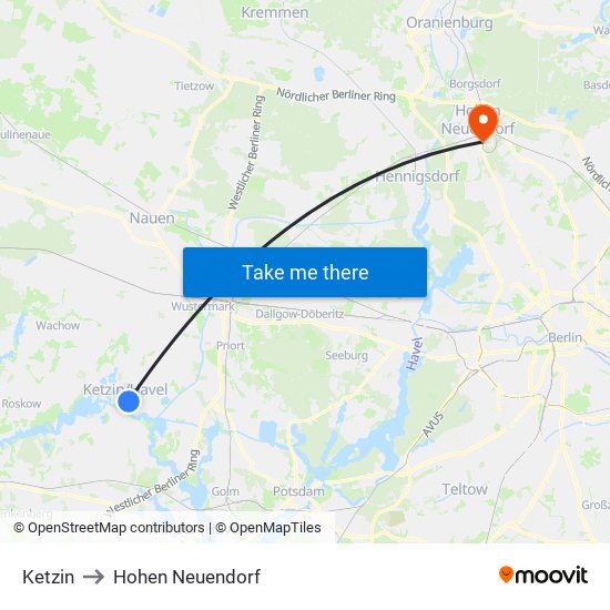 Ketzin to Hohen Neuendorf map