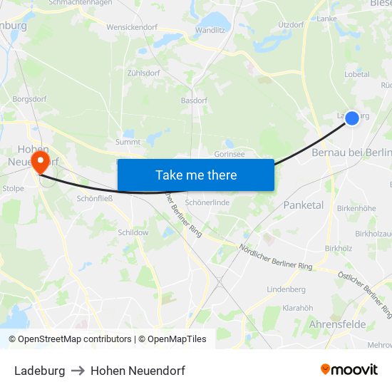 Ladeburg to Hohen Neuendorf map