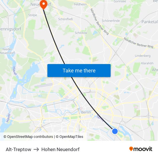 Alt-Treptow to Hohen Neuendorf map