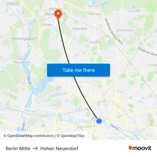 Berlin Mitte to Hohen Neuendorf map