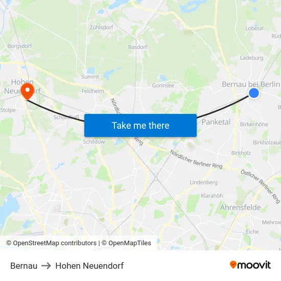 Bernau to Hohen Neuendorf map