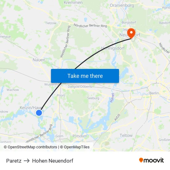 Paretz to Hohen Neuendorf map