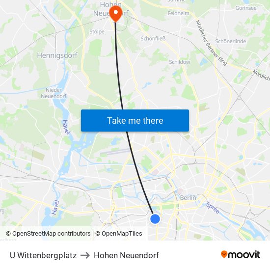 U Wittenbergplatz to Hohen Neuendorf map