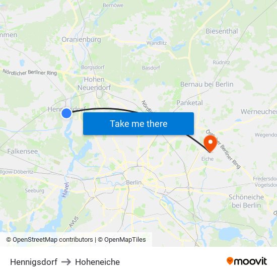 Hennigsdorf to Hoheneiche map