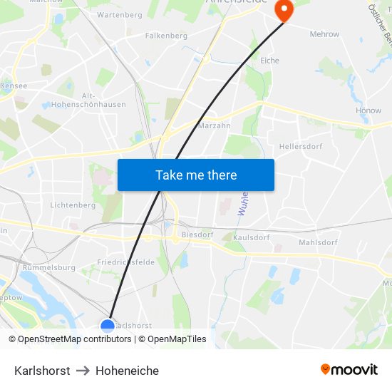 Karlshorst to Hoheneiche map