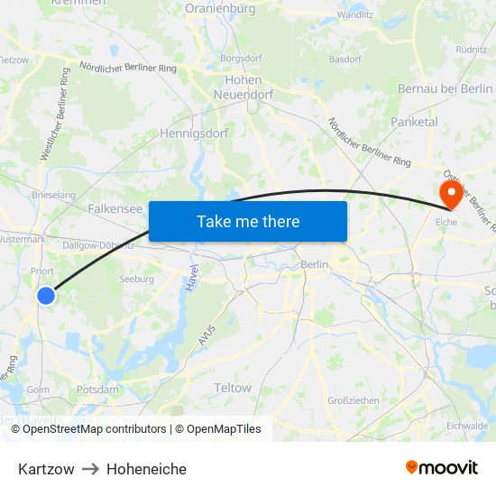 Kartzow to Hoheneiche map