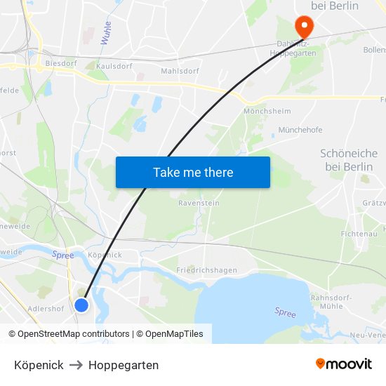 Köpenick to Hoppegarten map